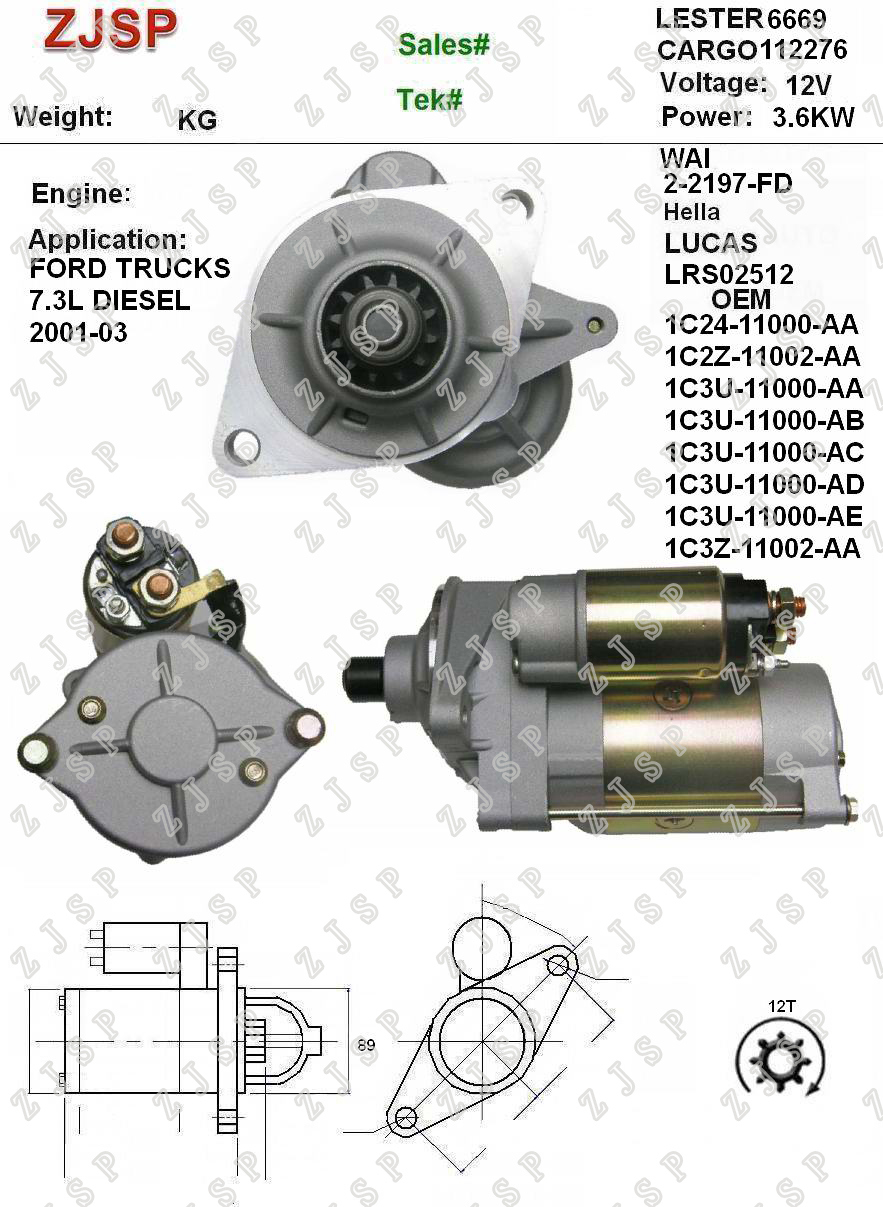 Starter ZJS-F-003 LRS02512 112276 682394 1C24-11000-AA 1C2Z-11002-AA 1C3U-11000-AA 1C3U-11000-AB 1C3U-11000-AC 1C3U-11000-AD 1C3U-11000-AE for Ford