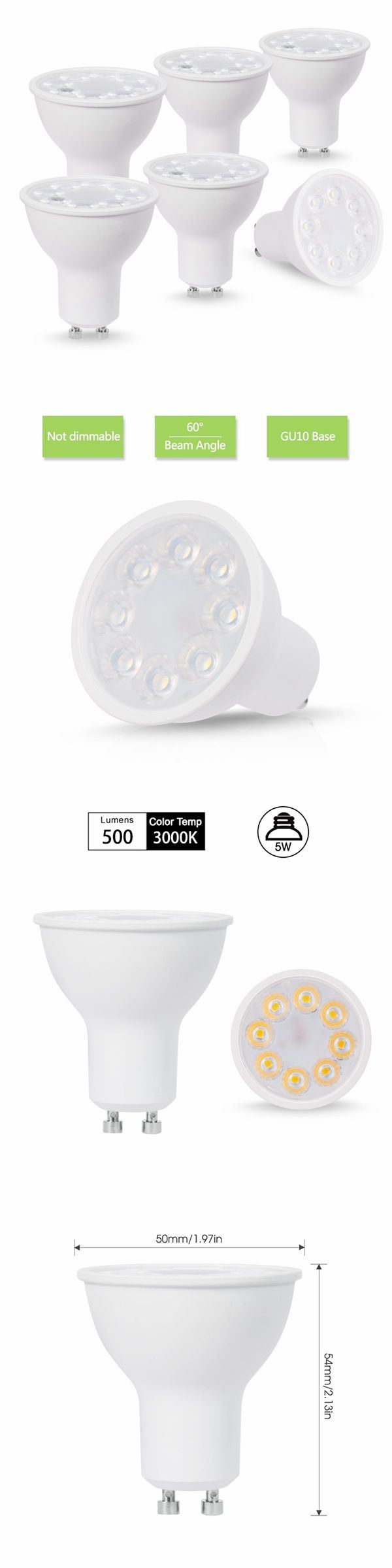 GU10 LED Light Bulbs 50W Halogen Equivalent 5W Soft White 3000K Spotlights