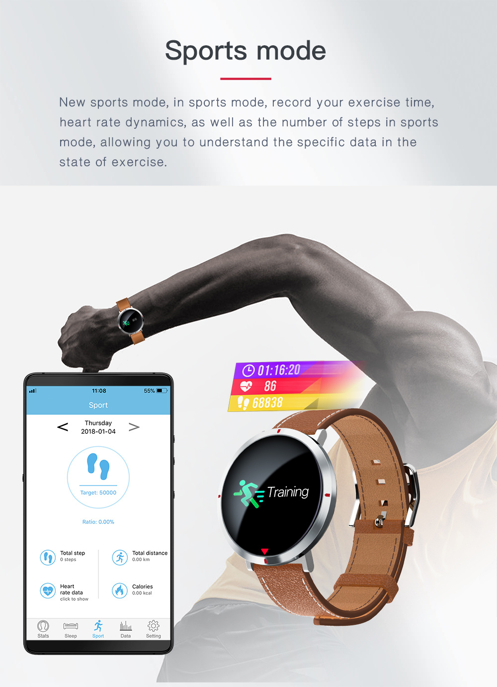 2018 Distributor Touch Screen Sport Fitness Smart Watch Bracelet Wristwatch with Heart Rate/Sleep Monitoring/Pedometer/Sedentary Reminder/Blood Pressure