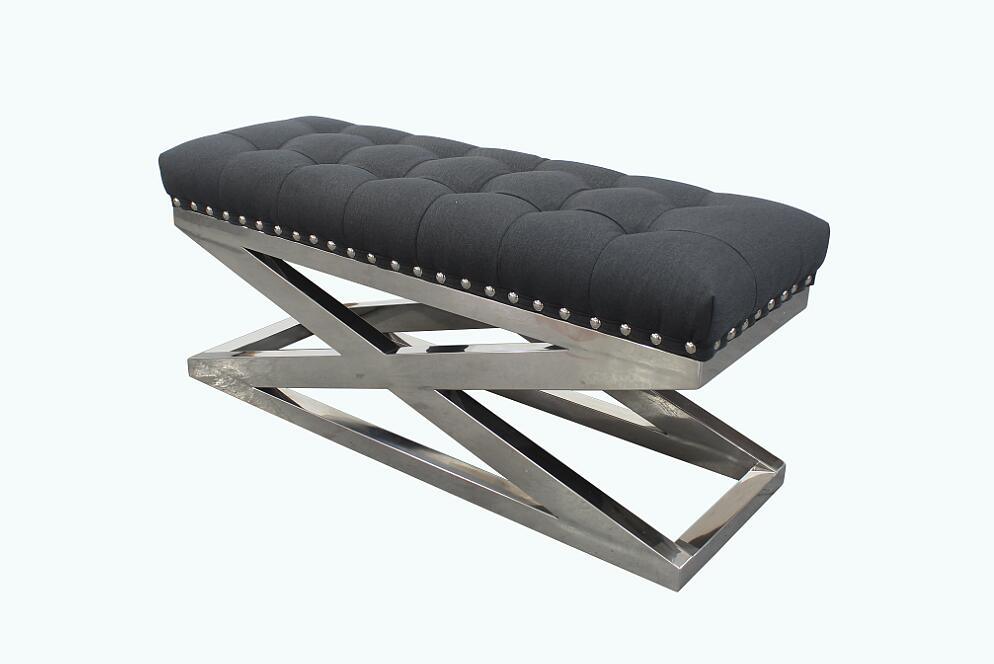 San Francisco Dark Grey Fabric Ottoman, Cross Stainless Steel Base Fabric Ottoman, Bench F-55