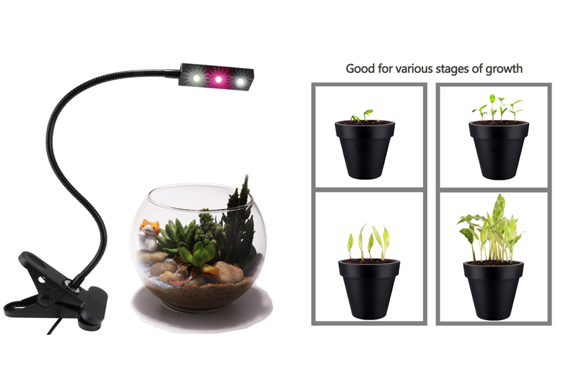 LED Plant Grow Light with Spring 3W Desk Grow Lamp with Spring Clamp and Gooseneck Arm for Indoor Plant