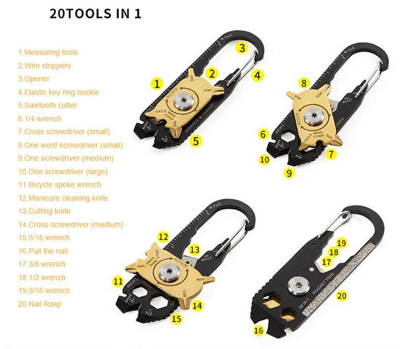 20 in 1 Multifunctional Outdoor Survival Camping Swiss Card Buckle Tool