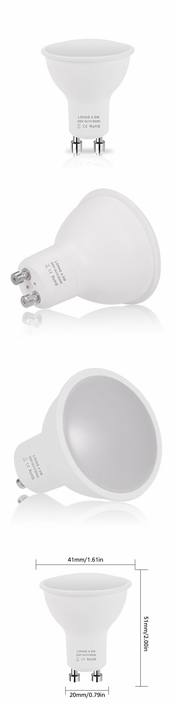 4.5W GU10 LED Light Bulbs (50W Halogen Bulbs Equivalent) Day White 6000K LED Spotlight