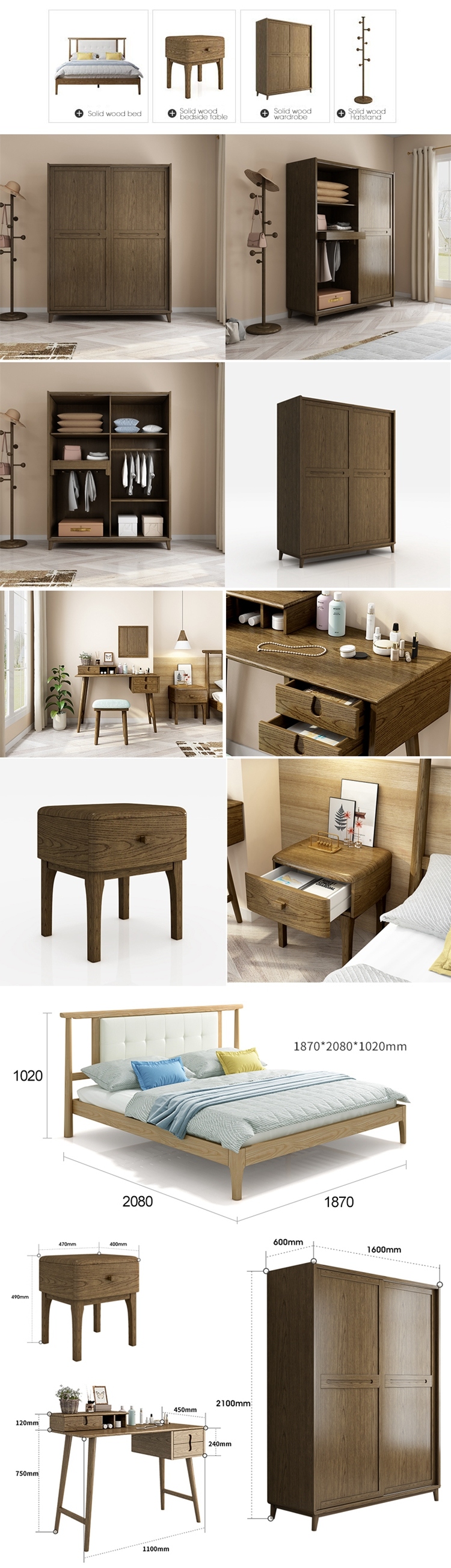 Modern Wood Furniture Bedroom Set Solid Wooden Bed for Home