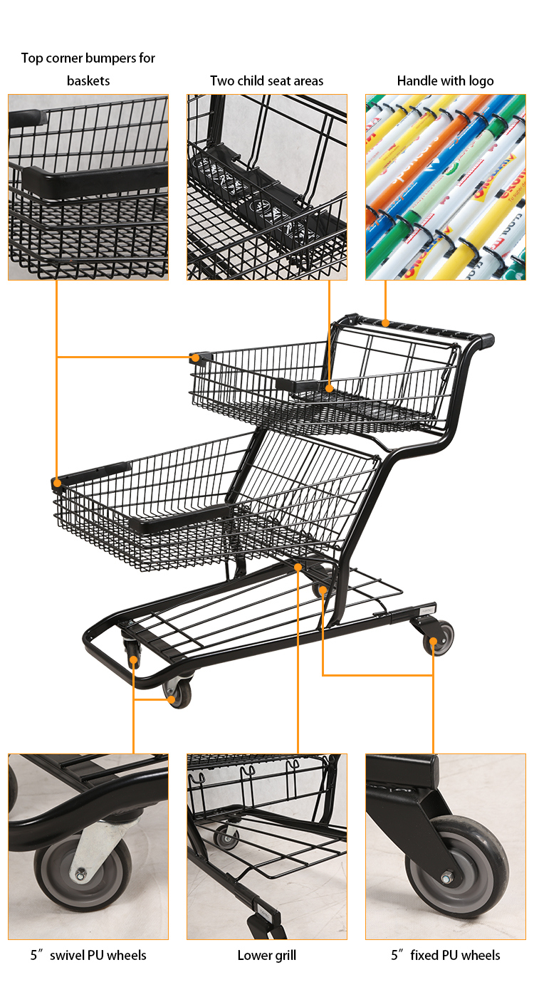 150L Double Baskets Metallic 2 Tier Shopping Trolley Cart