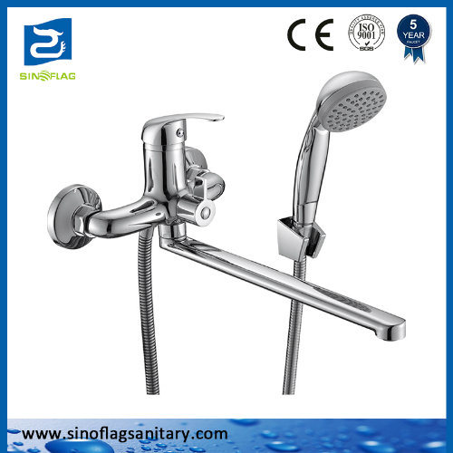 Modern Lavatory Vanity Two Holes Long Spout Wall Mount Bathroom Faucet