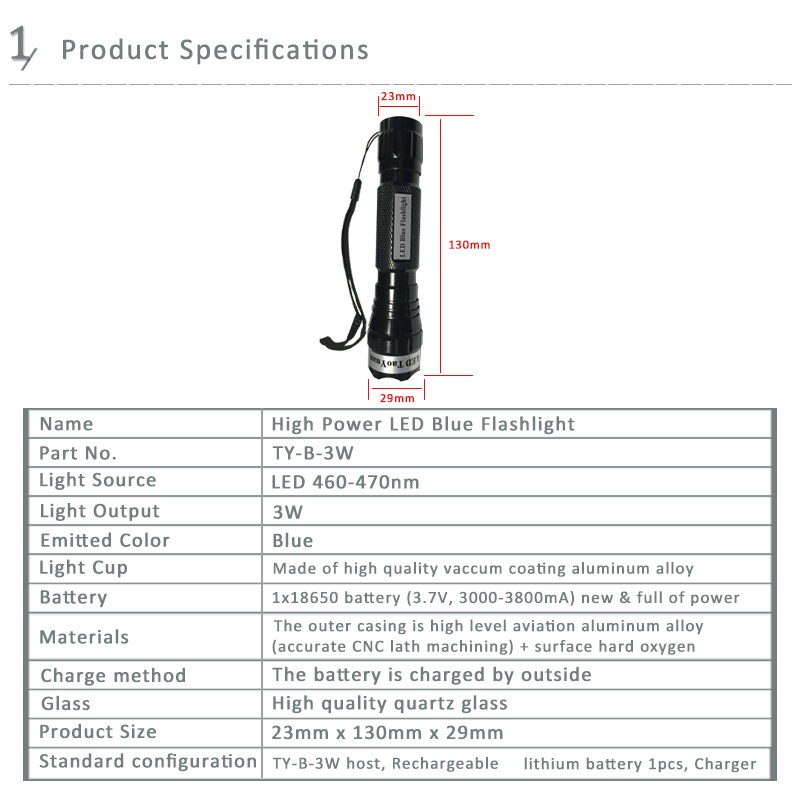 Blue LED Torch Flashlight Uses 3W