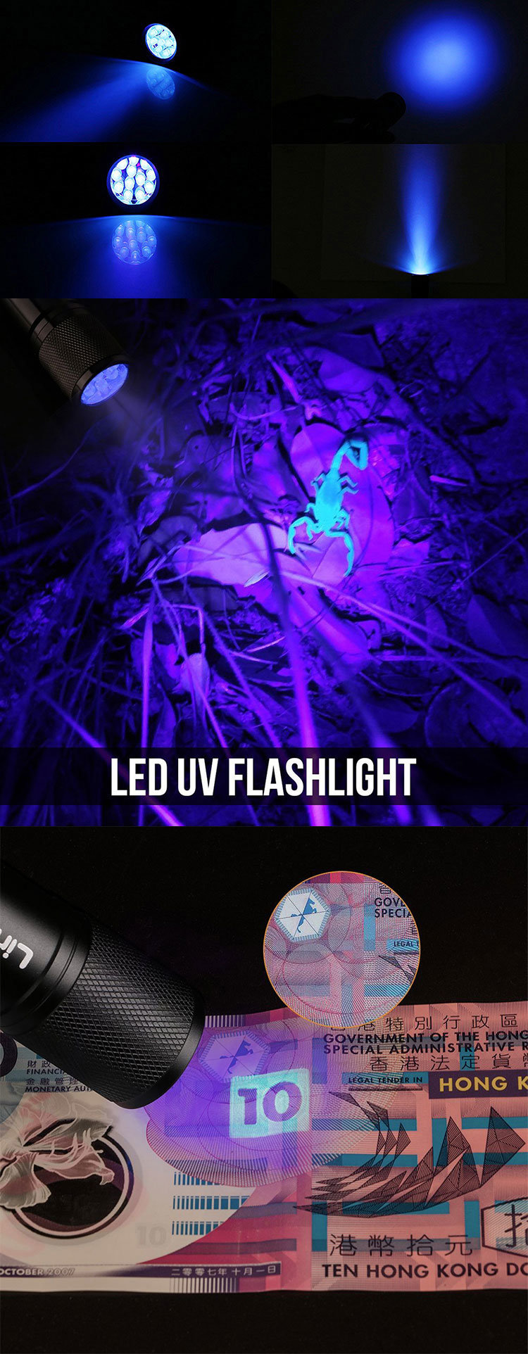 395nm Money Detector Violet Lighting 9 LED Mini UV Flashlight for Fluorescence