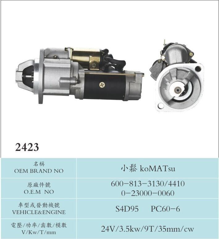 24V 3.5kw 9t Motor Starter for Komatsu S4d95 PC600-6 (600-813-3130/4410 0-23000-0060)