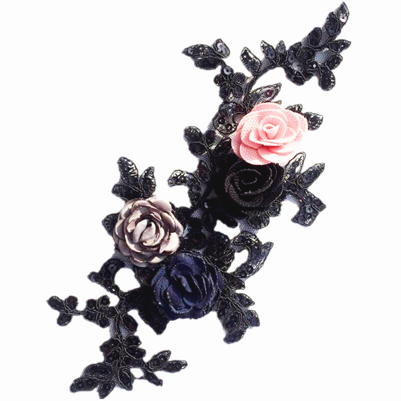 3D Flower Design Black Flower Lace Trim Applique for Ladies Clothes