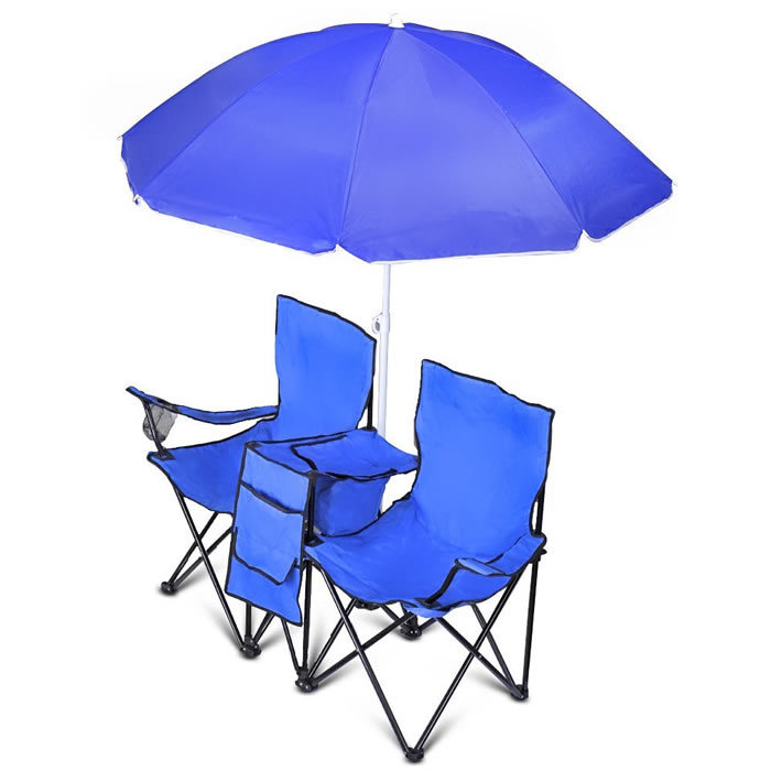 Double Folding Camp and Beach Chair with Removable Umbrella and Cooler