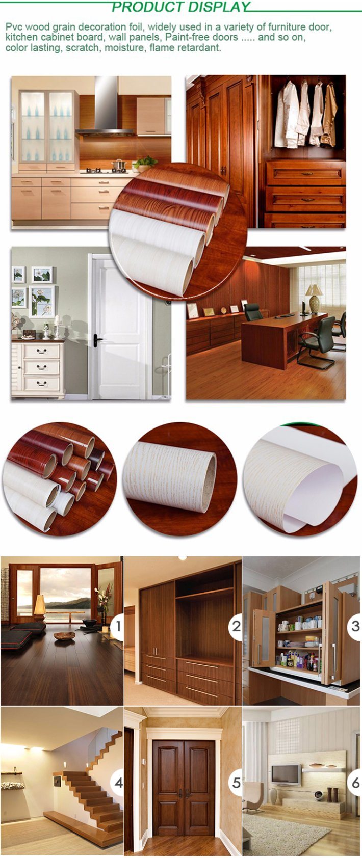 Membrane/Vacuum Press/Hotpress Wood Grain Vinyl Glossy Wrapping/Covering PVC Decorative Film for Door, Furniture, Cabinet, Profile, Doorframe, MDF