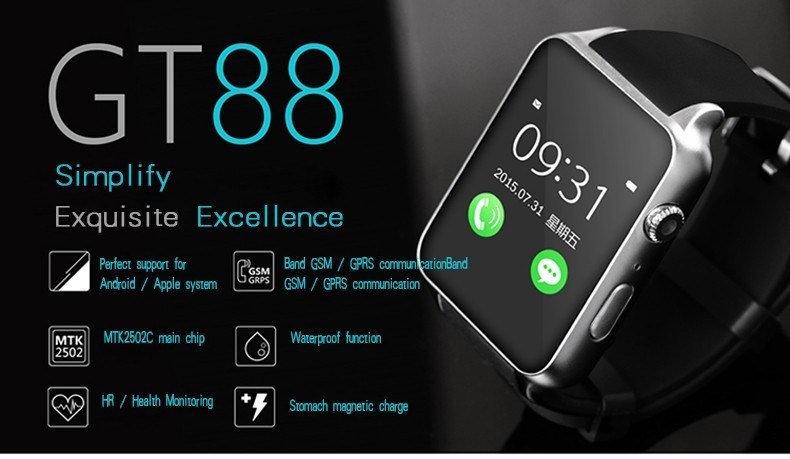 Gt88 GSM SIM Card Bluetooth Sports Smart Watch with Camera Heart Rate Monitor Smartwatch