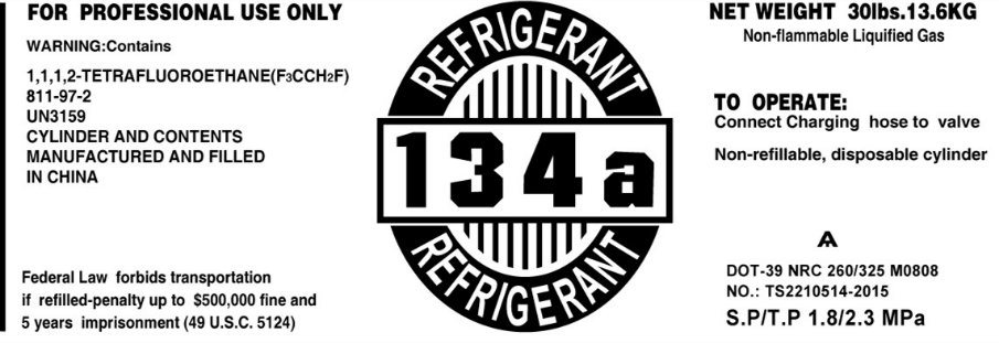 Refrigerant R134A in DOT-39 Non-Refillable Steel Gas Cylinder