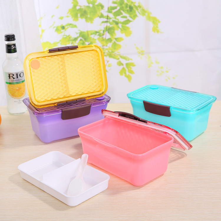 2 Compartments Plastic Bento Lunch Box with Lid and Spoon