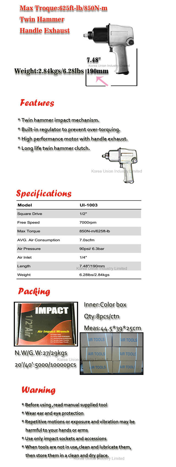 Car Repair Impact Torque Screw Wrench Air Hand Tools Ui-1003