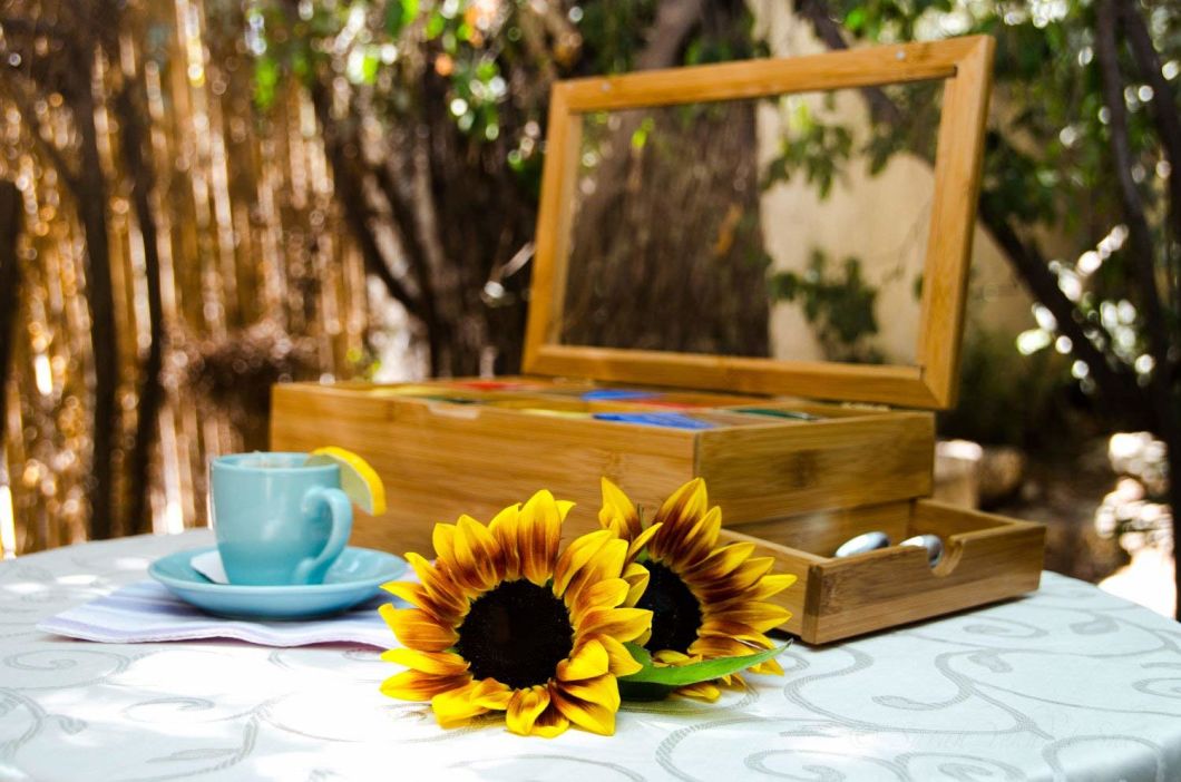 Tea Box 100% Bamboo Tea Box Chest Organizer with Slide out Drawer, 8 Storage Compartments Clear