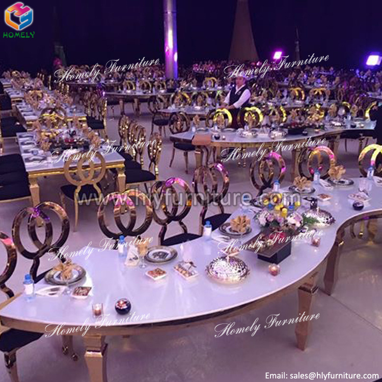 Foshan Mirror Glass Top Stainless Steel Metal Banquet Tables and Chairs for Wedding and Event