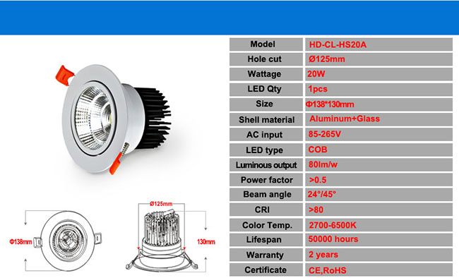 Ce FCC Approved 20W COB Dimmable LED Down Light