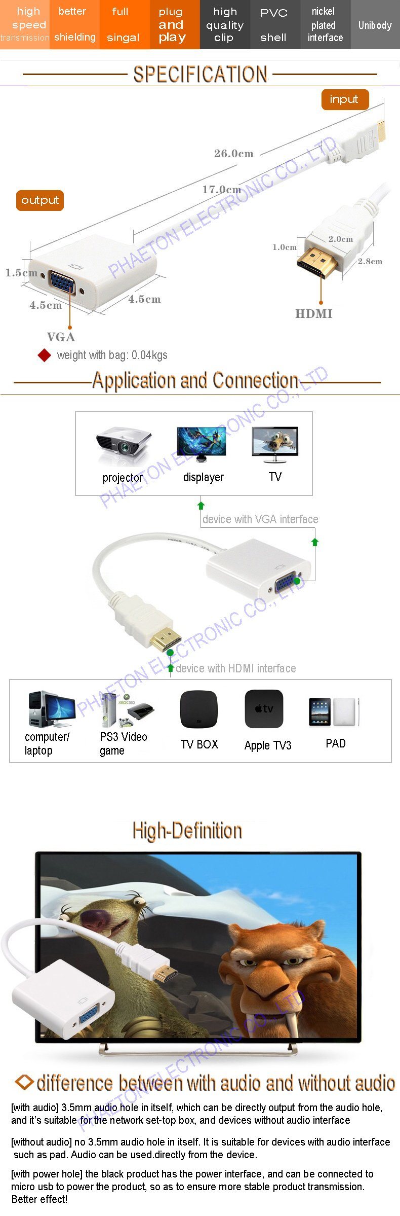 HDMI to VGA Adatper Audio Power Supply Converter Cable 1080P