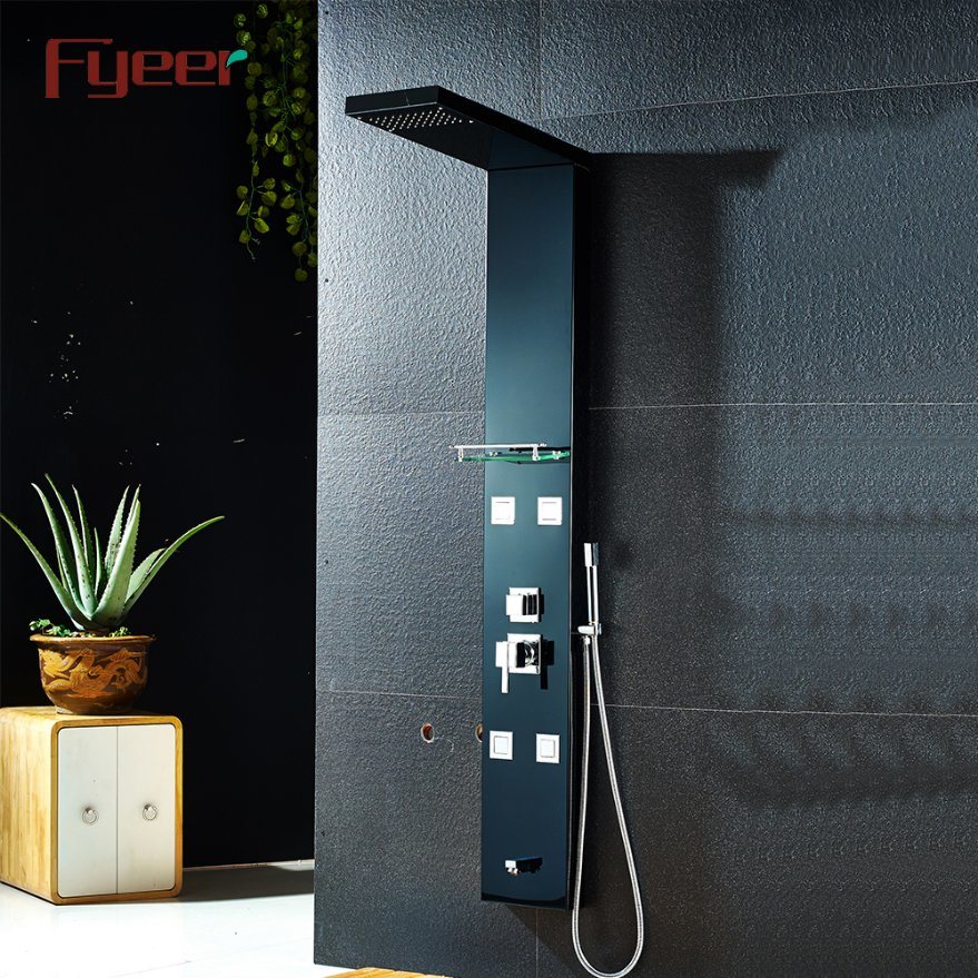 Fyeer 2PCS Black Shower Panel with Masaage Jets and Glass Shelf