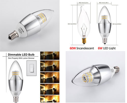 Dimmable 6W (60W Equivalent) E12 E14 E27 LED Candle Light for Home Lighting