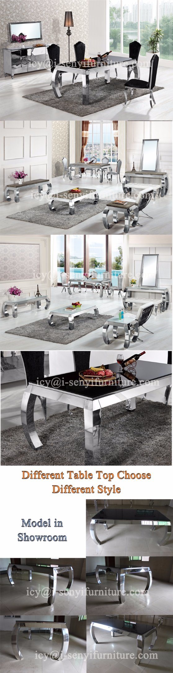 Modern Tempered Glass or Wood Top Stainless Steel Dining Table