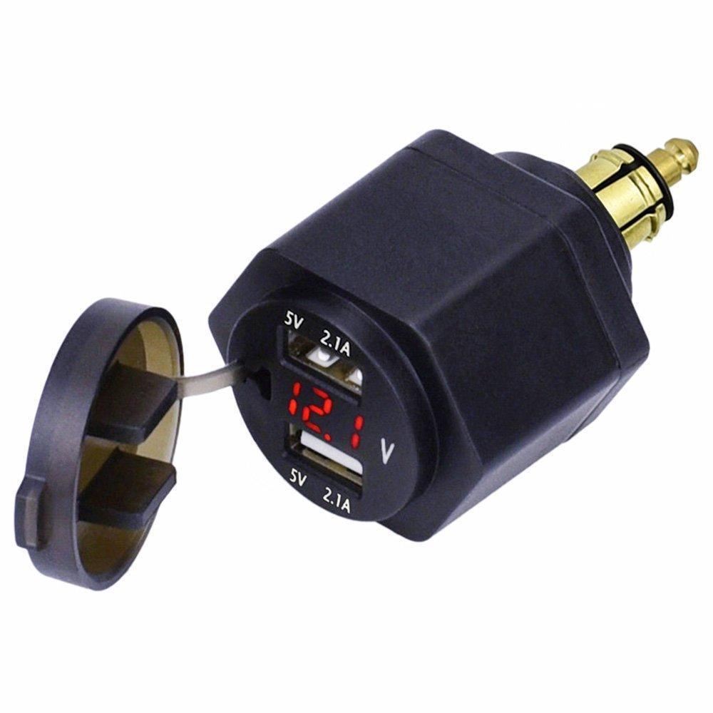 12V-24V Dual USB Charger DIN Plug LED Voltmeter for Motorcycle