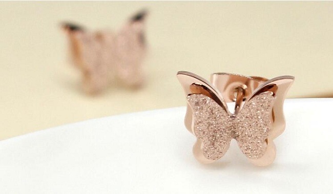 Stainless Steel Earrings for Women Child Rose Gold Color Frosted Double Butterfly Earrings Studs Best Jewelry Gifts