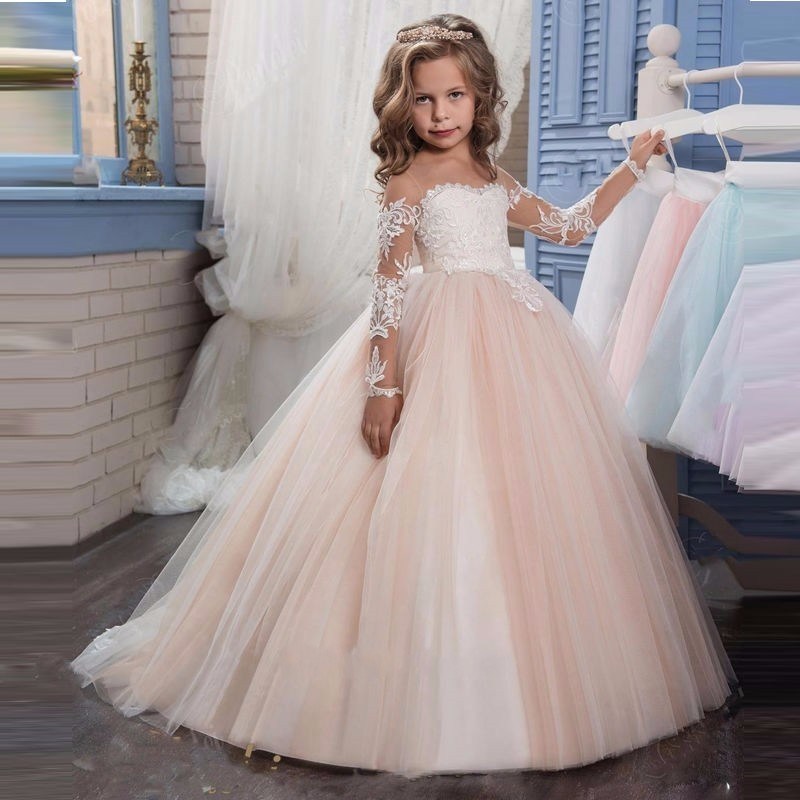 2017 Romantic Champagne Puffy Lace Flower Girl Dresses FL001