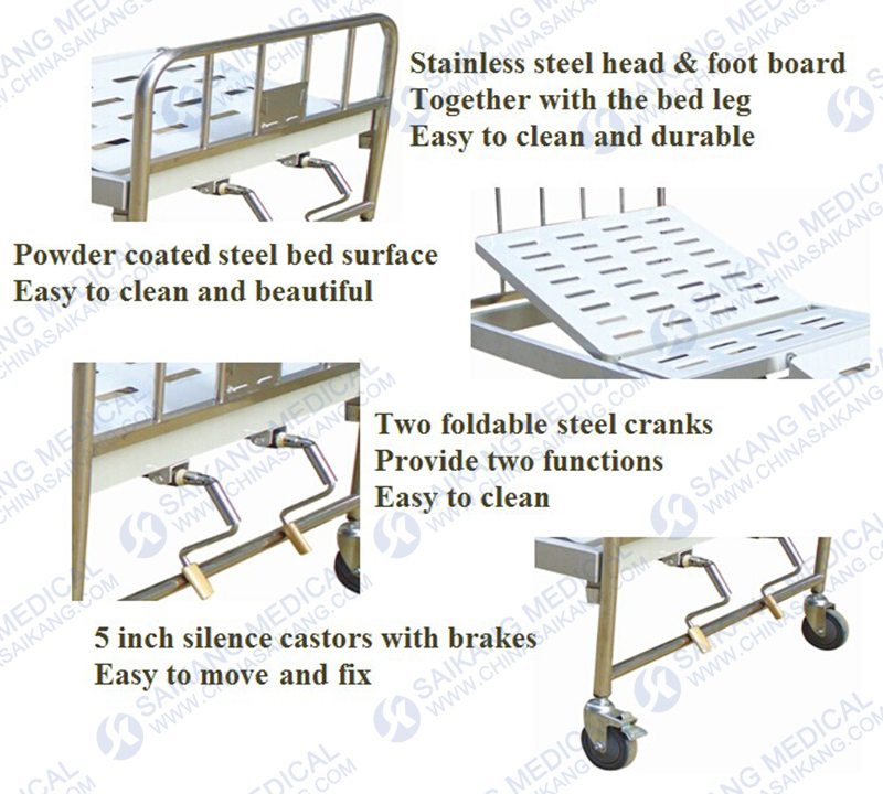 Manual Hospital Adjustable Patient Bed with Stainless Steel Siderails