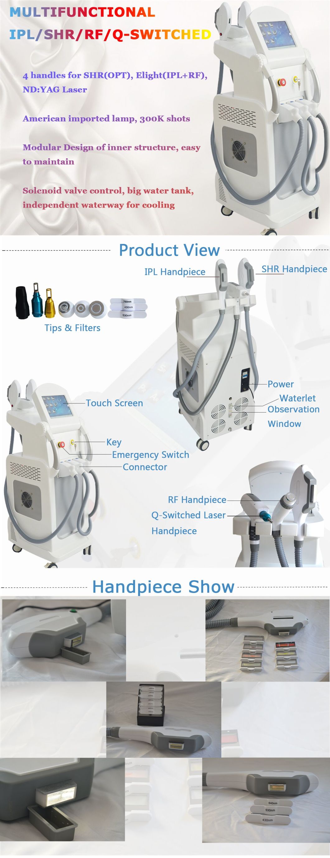 Multifunctional IPL+ Elight +RF+ND YAG Laser Hair Removal Tattoo Removal