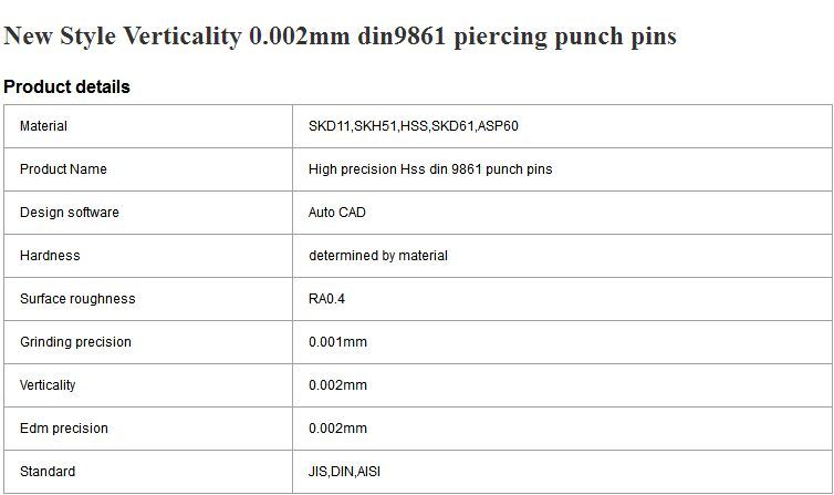 New Style Verticality 0.002mm DIN9861 Piercing Punch Pins