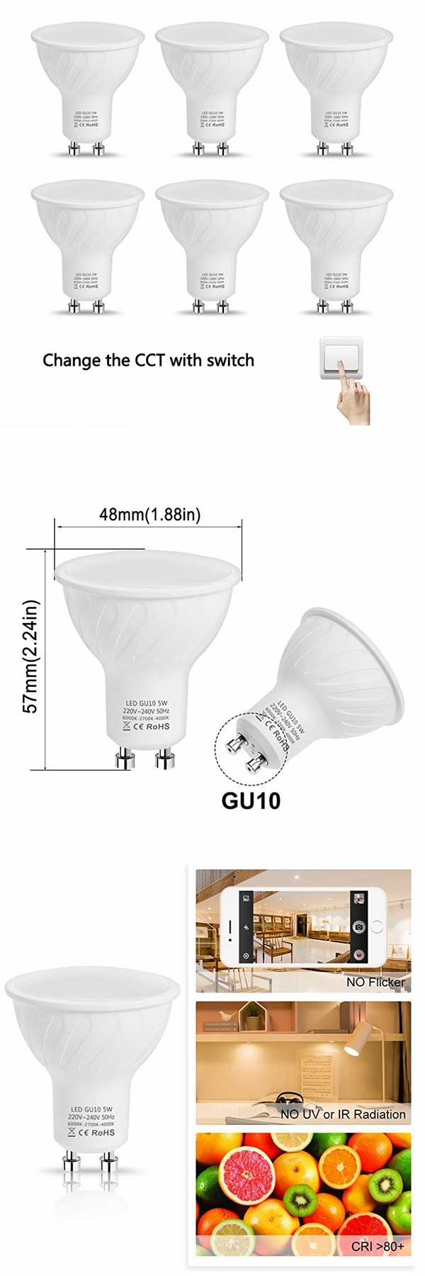 GU10 LED Light Bulbs 50 Watt Equivalent Colour Changing 6000K-2700K-4000K LED Spotlights