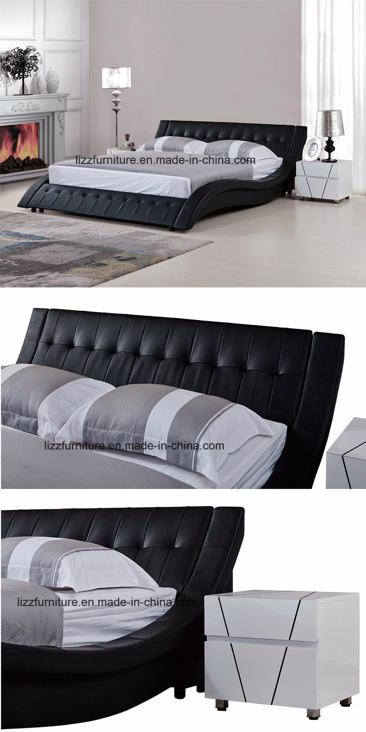 Euro Black Leather Queen Size Curved Shape Platform Bed