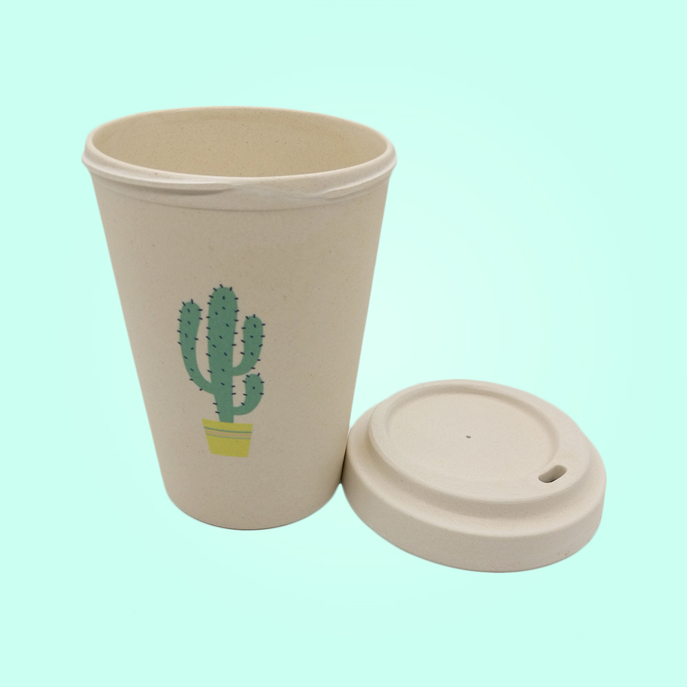 Promotional Custom Cactus Printed Pure Natural Travel Coffee Mugs with Bamboo Fiber Lid