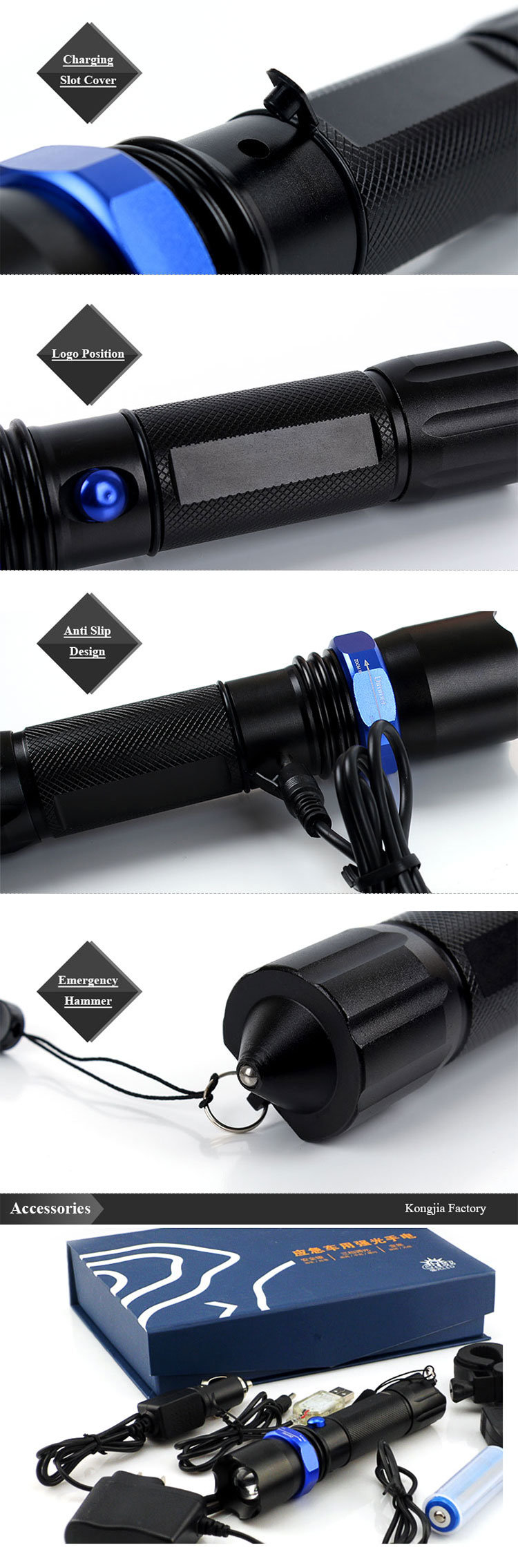 Promotional Police Rechargeable LED Torch Light Self Defence Zoomable Flashlight