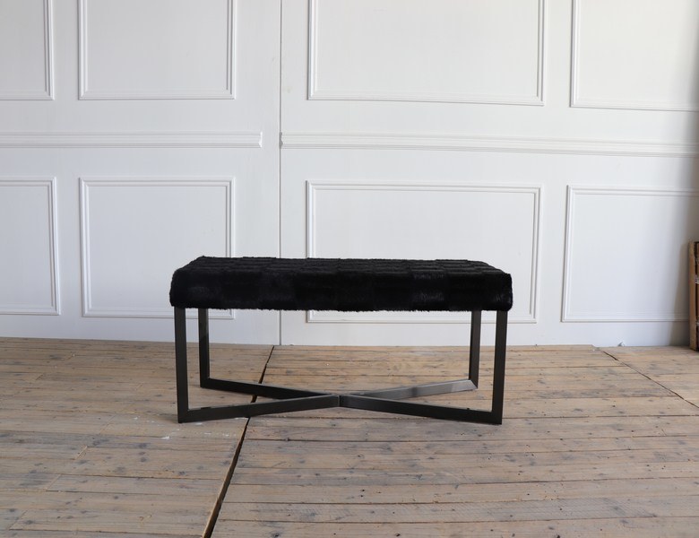 Plating Black Color Stainless Steel Base Black Color Cowhide Leather Ottoman Bench