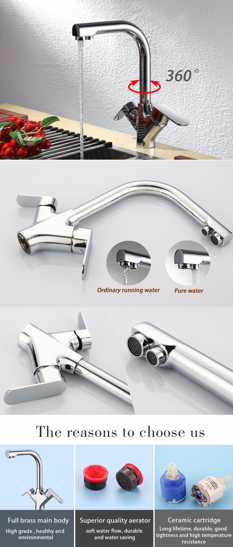 New Dual Handle Net Drinking Water Tap for Kitchen, 3 Way Kitchen Faucet Household or Hotel Installation