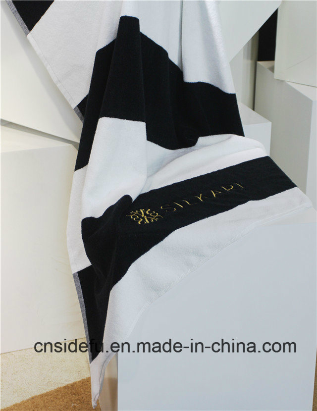 Luxurious Black and White Embroidery Logo 20cm Stripe Custom Beach Towel