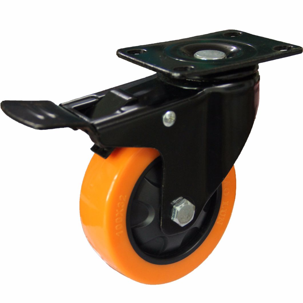 4/5 Inch Orange PU Brake Castor Wheel for Hand Trolley