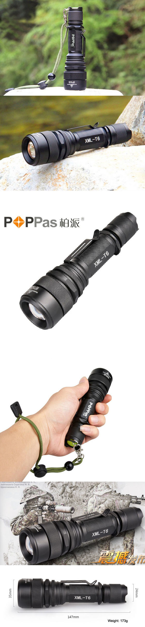 Telescopic Zoom T6 LED Rechargeable LED Flashlight (POPPAS- S16)