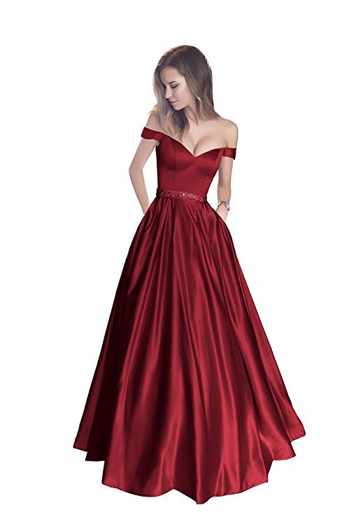 off The Shoulder Beaded Satin Evening Prom Dress with Pocket Customized Gowns