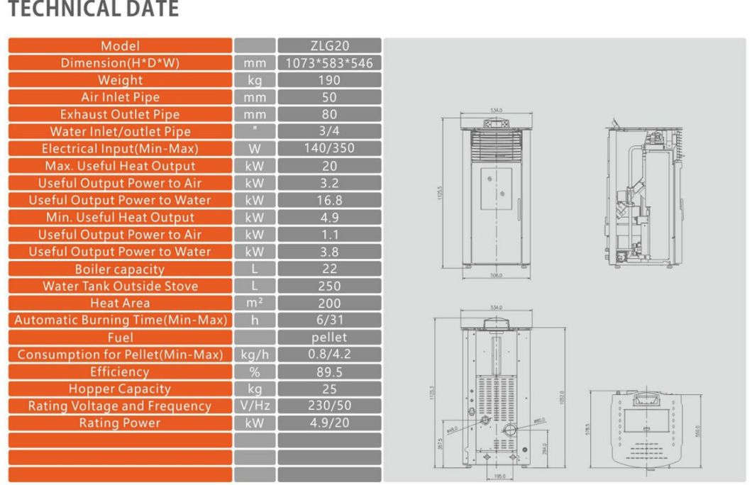 Ce Approved Wood Pellet Stove 20kw with Boiler /Jacket