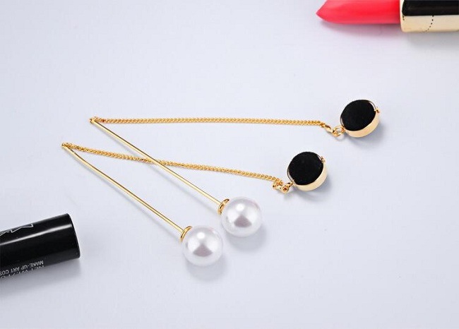 Top Quality White/Black Imitation Pearl Earrings 75mm Long Gold Color Drop Earrings for Women Wedding Jewelry Girl Gifts