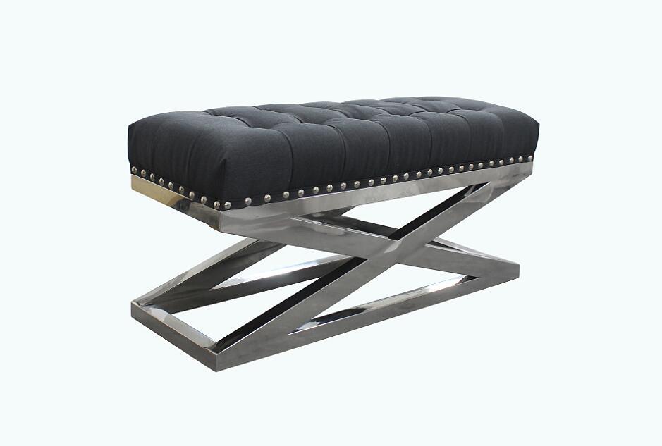 San Francisco Dark Grey Fabric Ottoman, Cross Stainless Steel Base Fabric Ottoman, Bench F-55