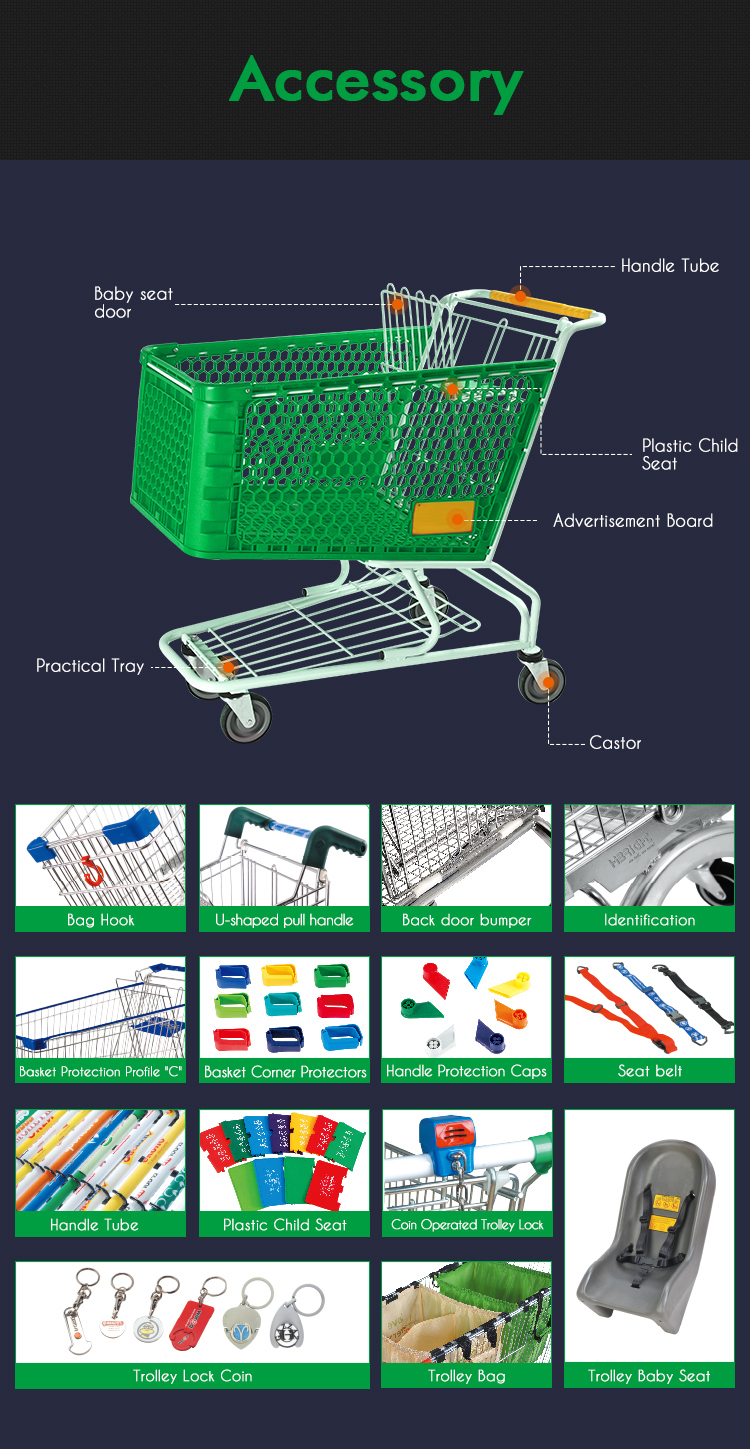 New Design Supermarket Trolley Metal Frame Plastic Shopping Cart