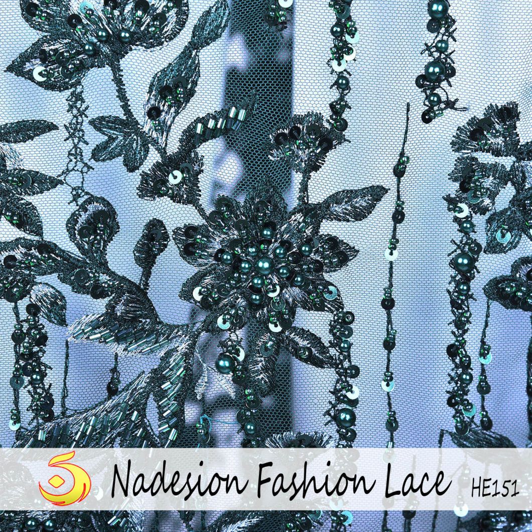 Hot Selling Green 3D Flower Beaded Lace Embroidered/Stoffe Textil Fabric 3D Flower Lace