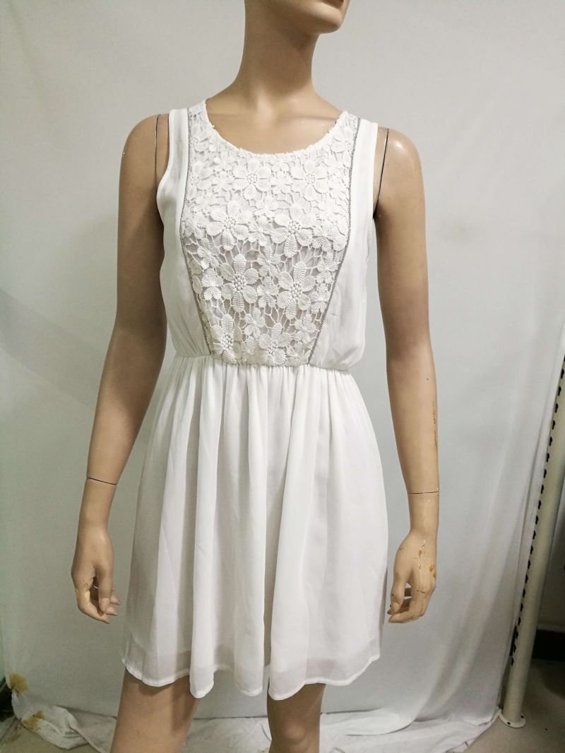 2017 Wholesale Fashion White Lace Chiffon Dresses Casual Summer Sleeveless Ladies Little Dress Woman