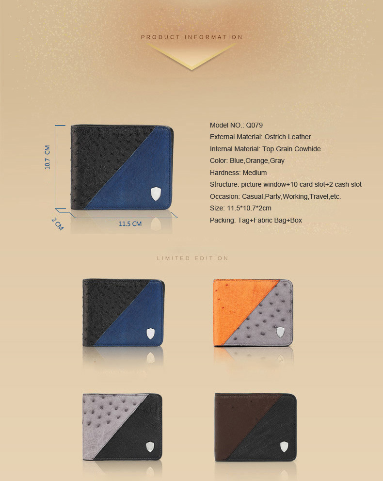 Luxury Genuine Ostrich Leather Mens Wallets